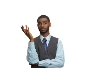 Closeup portrait  of a young executive man, arm out asking why.