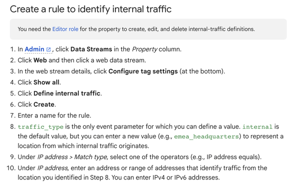 Google Analytics' instructions to create a rule to identify internal traffic