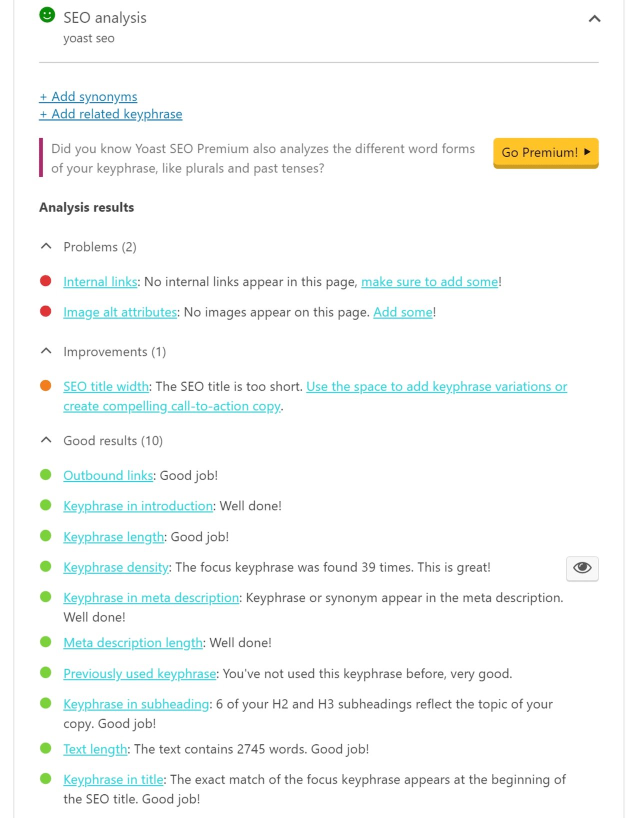 Yoast SEO keyword analysis