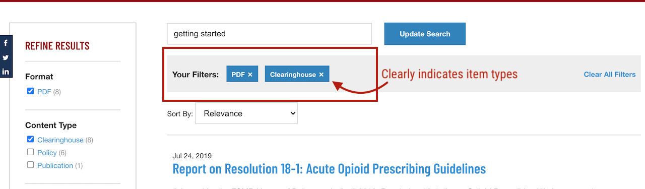 clear indication of search results item types
