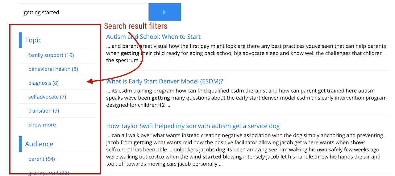 navigation and filtering of search results