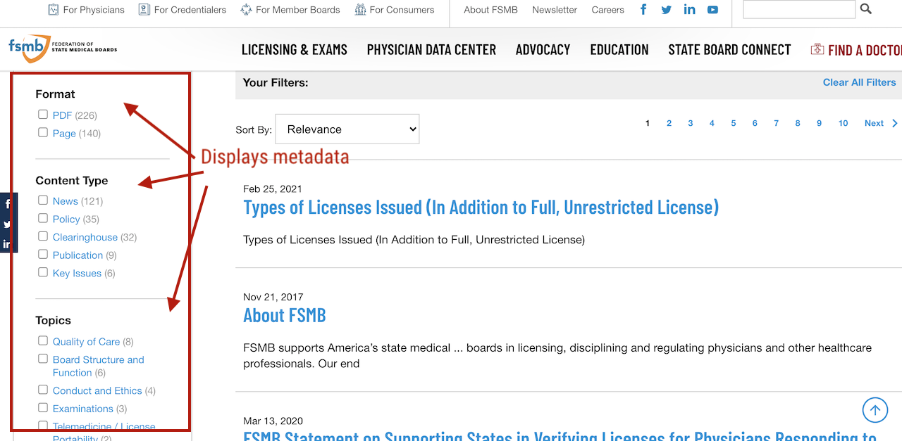 search results display metadata